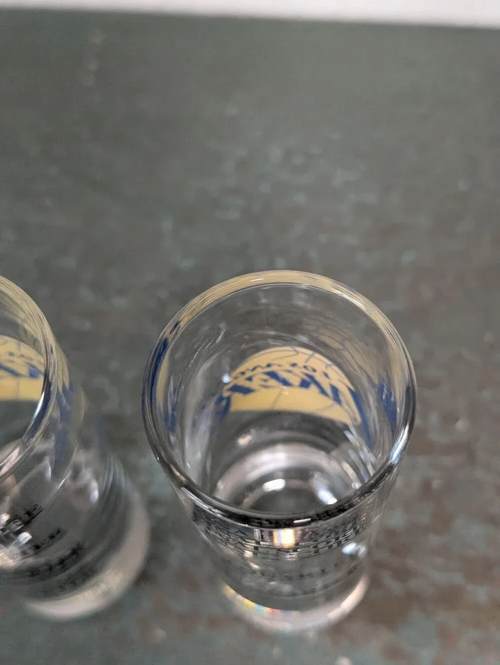 Vtg Pair of Los Angeles Lakers Gameday Shot Glasses Quarter Lines Boelter Brands